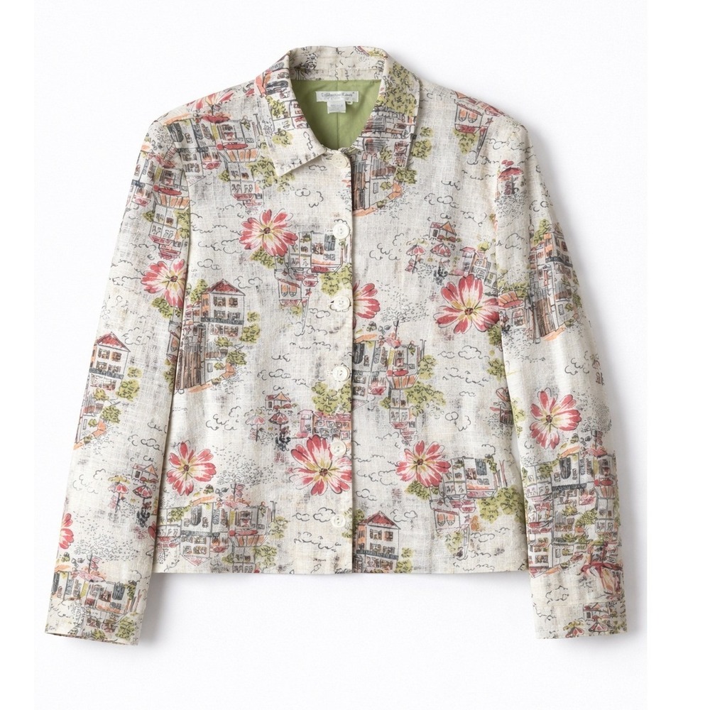 Coldwater Creek Linen Blend Jacket Large Novelty Print Houses Floral Button Fron